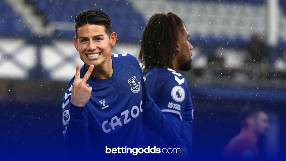 James Rodriguez has registered at least one shot on target in 10 of his 12 league starts for Everton and features in our 55/1 longshot
