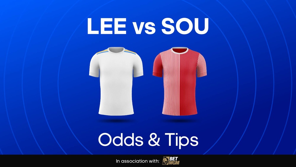 Image of Leeds and Southampton shirts with text saying 'LEE vs SOU Odds & Tips'