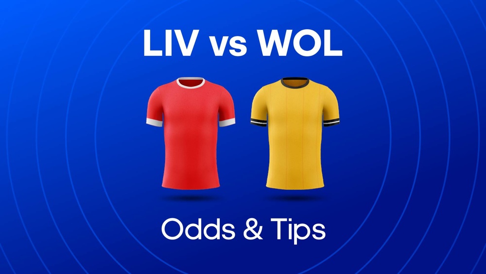 Image of Liverpool and Wolves football shirts with text saying 'LIV vs WOL Odds & Tips'