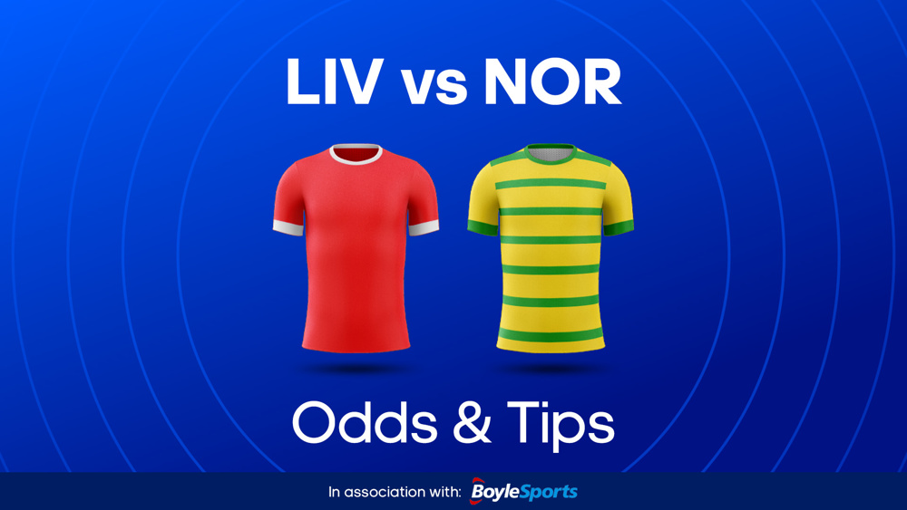 image of red football shirt and yellow football shirt between text LIV vs NOR Bet Builder Tips with BoyleSports