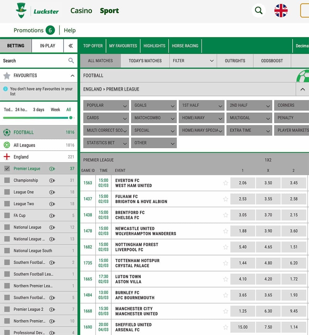 Luckster Premier League Markets