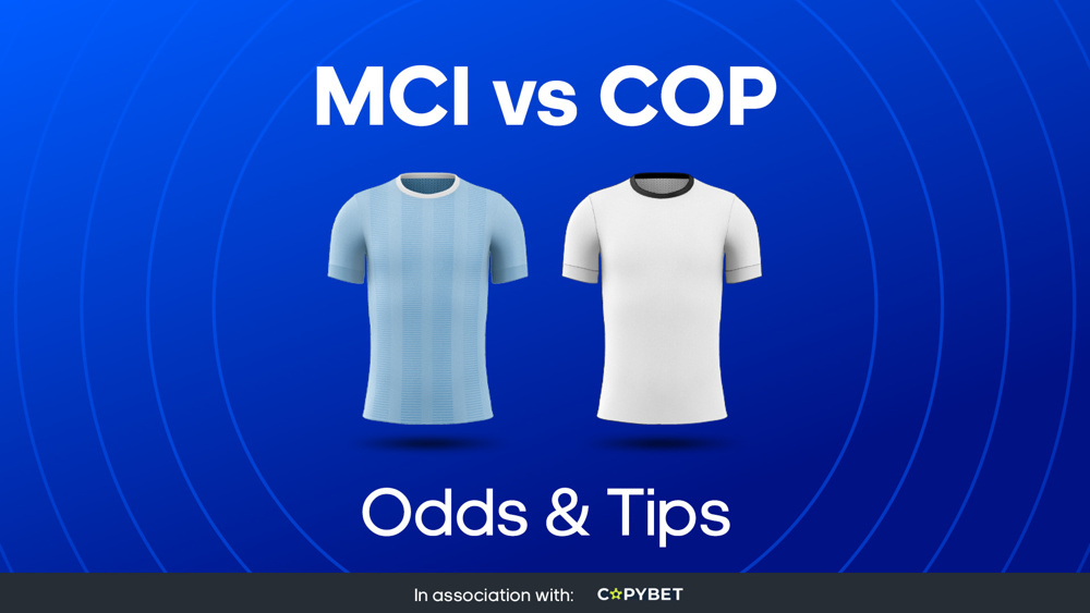 image of blue football shirt and white football shirt between text MCI vs COP odds & tips