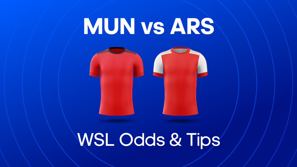 image of red football shirt and red football shirt with white sleeves between MUN vs ARS WSL Odds & Tips text