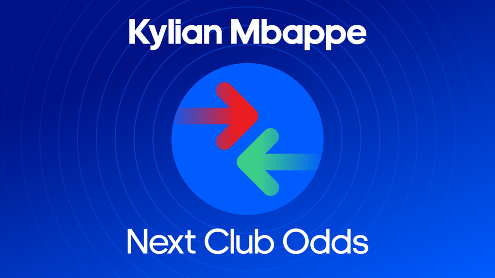 red arrow pointing right and green arrow pointing left between kylian mbappe next club odds text