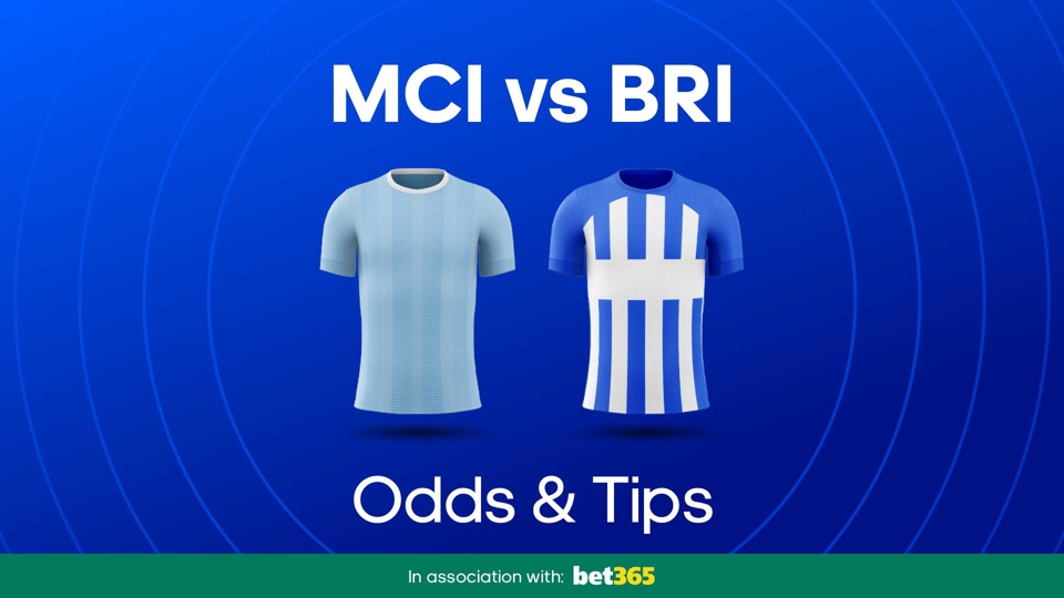image of man city and brighton football shirts with text 'MCI vs BRI Odds & Tips'