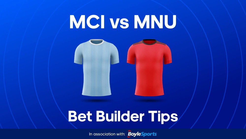 Image of Man City & Man Utd football shirts with text saying 'MCI vs MNU bet builder tips'
