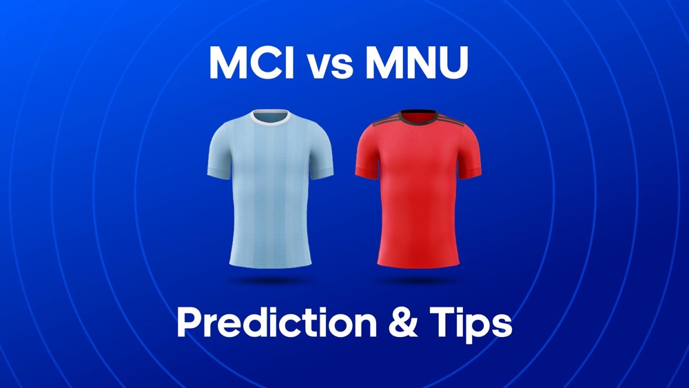 Image of Man City & Man Utd shirts with text saying 'MCI vs MNU Prediction & Tips'