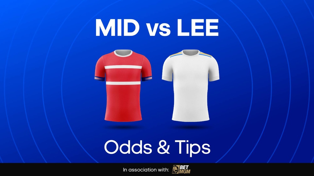 image of middlesbrough and leeds football shirts with text saying 'MID vs LEE Odds & Tips'