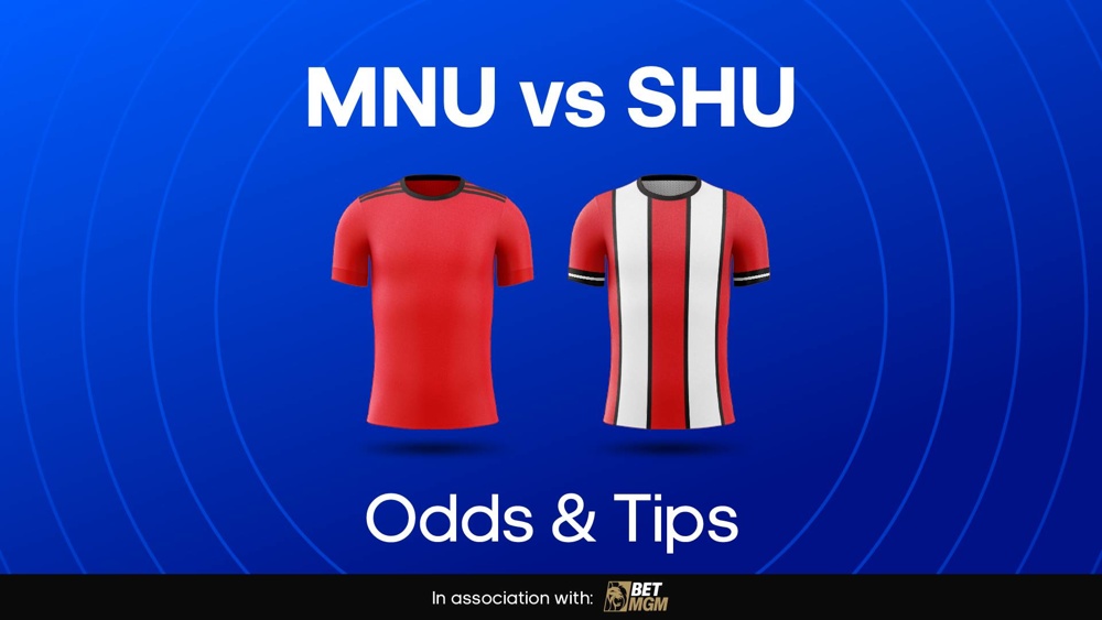image of man utd and sheffield utd football shirts with text saying 'mnu vs shu odds & tips'