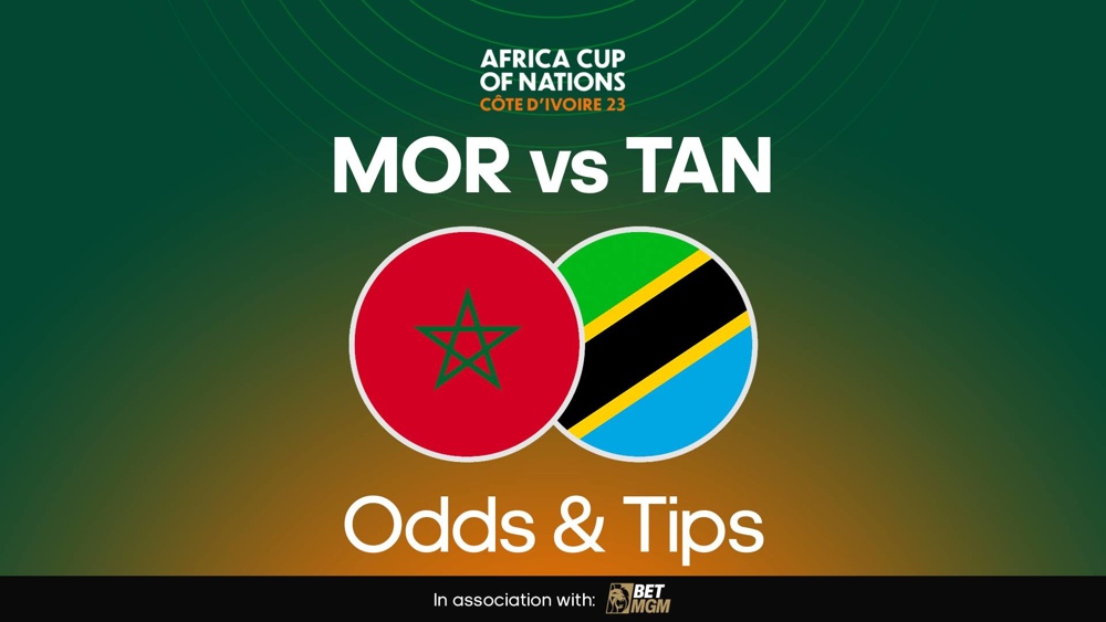 Image of Morocco and Tanzania flags with text saying 'MOR vs TAN Odds & Tips'