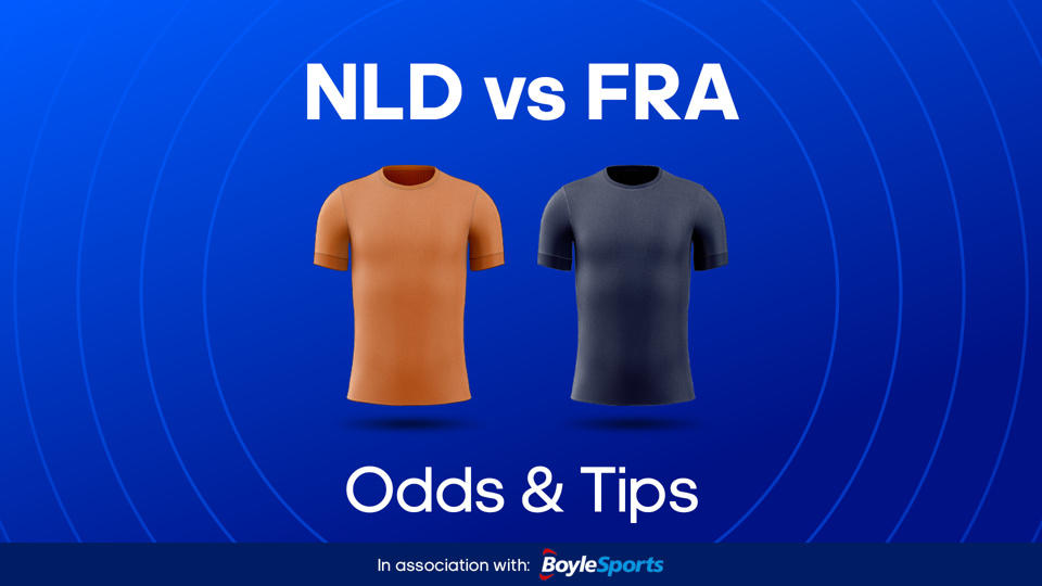 image of orange football shirt and blue football shirt with boylesports logo between text that reads: NLD vs FRA odds & tips