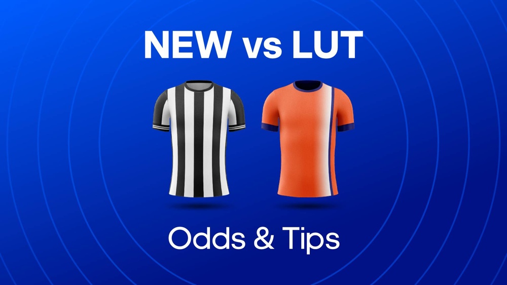 newcastle and luton football shirts with text saying 'new vs lut odds & tips'