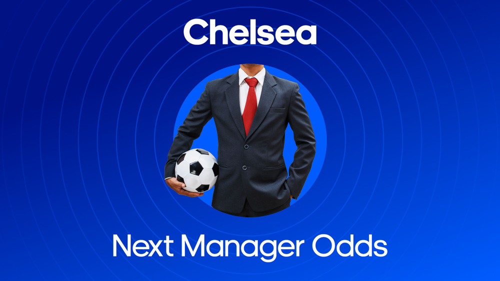 image of manager in suit and tie next to text Chelsea next manager odds