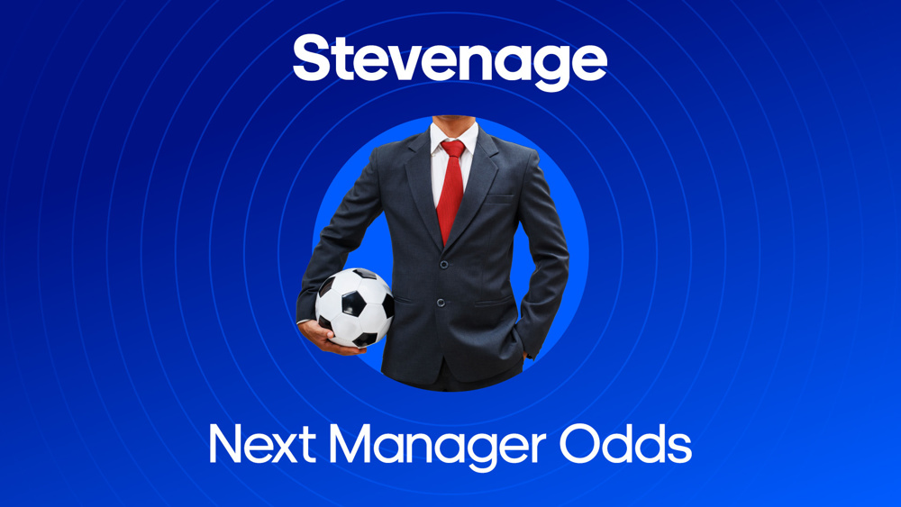 image of man in suit and tie holding ball between text Stevenage Next Manager Odds