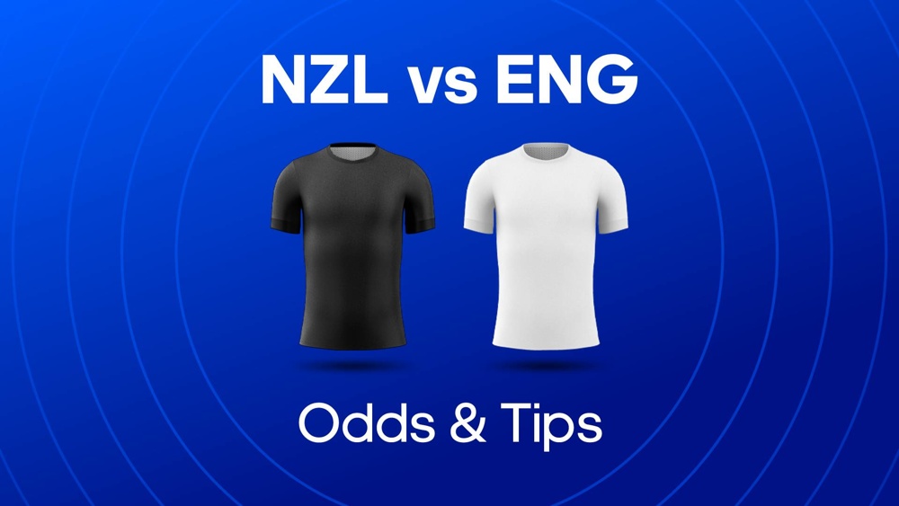 New Zealand and England Rugby Union shirts with text saying NZL vs ENG Odds & Tips