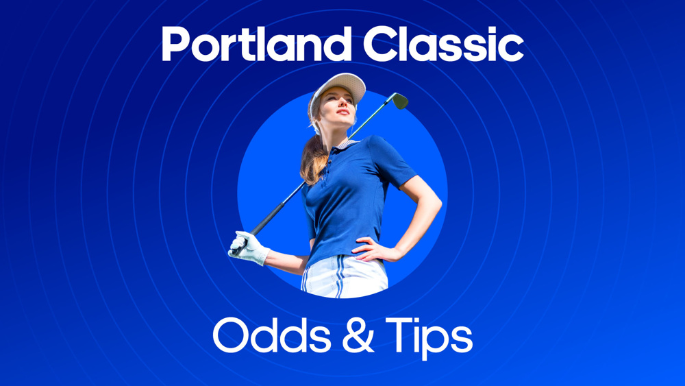 female golfer holding a club between portland classic odds & tips text