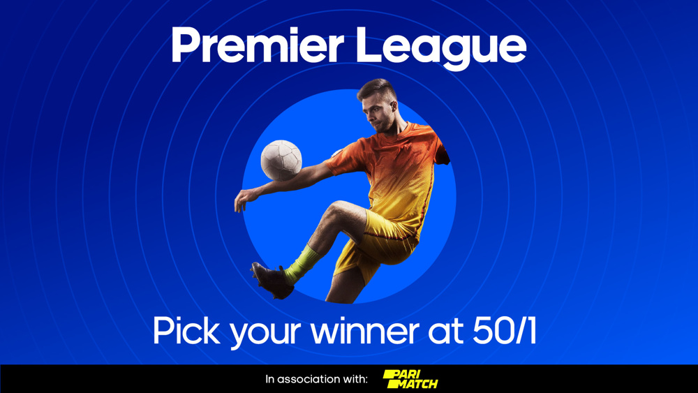 image of football player between text Premier League Get 50/1 on your winner