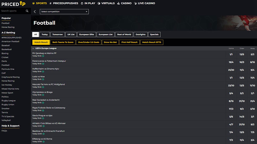 PricedUp Betting Football Markets