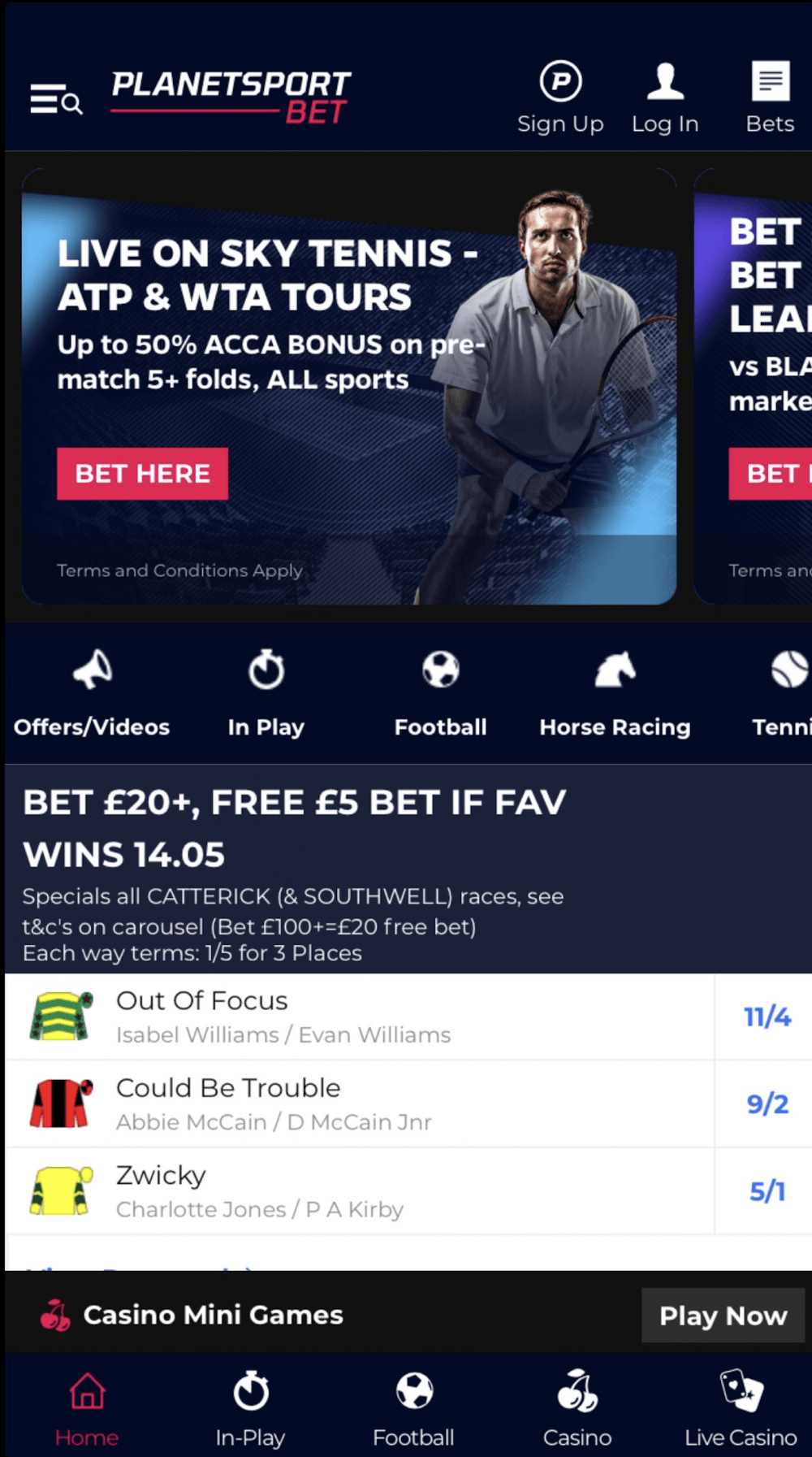 Planet Sport Bet App Home Screen