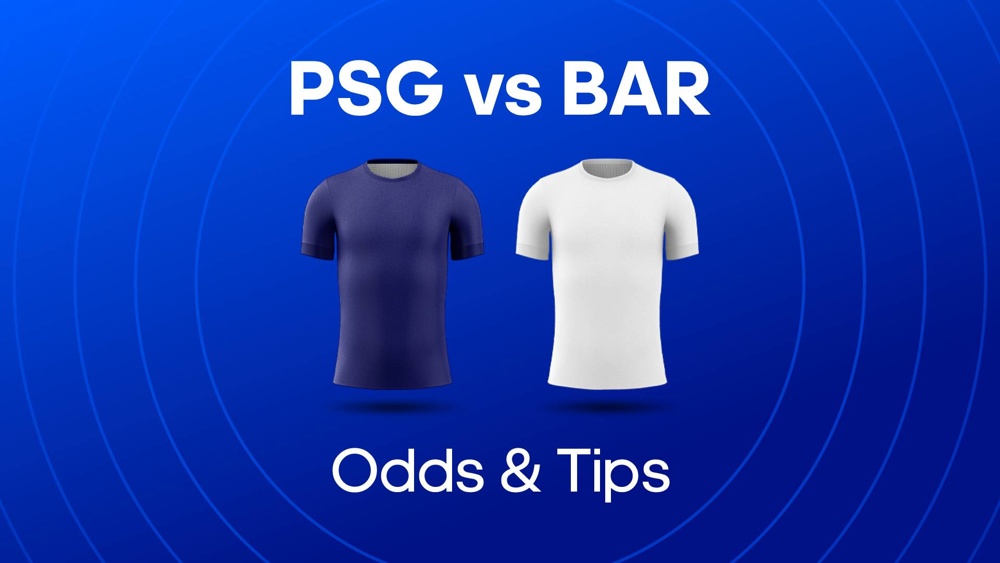 Image of PSG and Barcelona football shirts with text saying ''PSG vs BAR Odds & Tips'