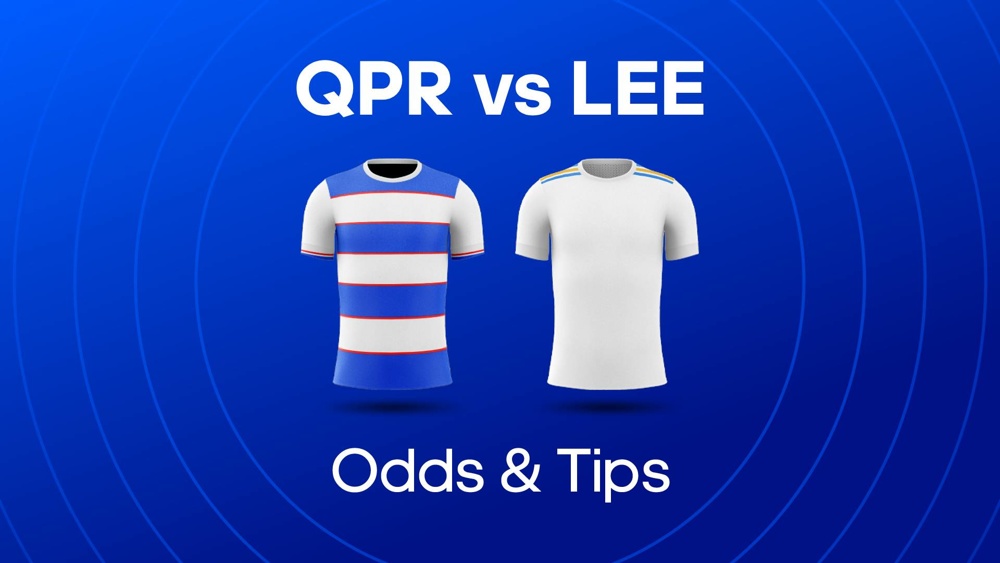 Image of QPR and Leeds football shirts with text saying 'QPR vs LEE Odds & Tips'