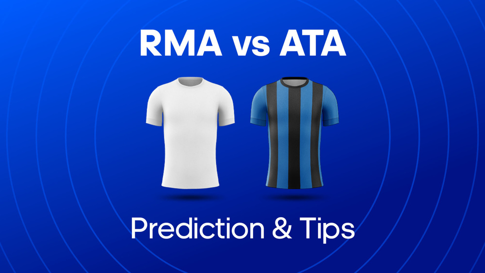 Image of real madrid and atalanta football shirts with text saying 'RMA vs ATA Prediction'