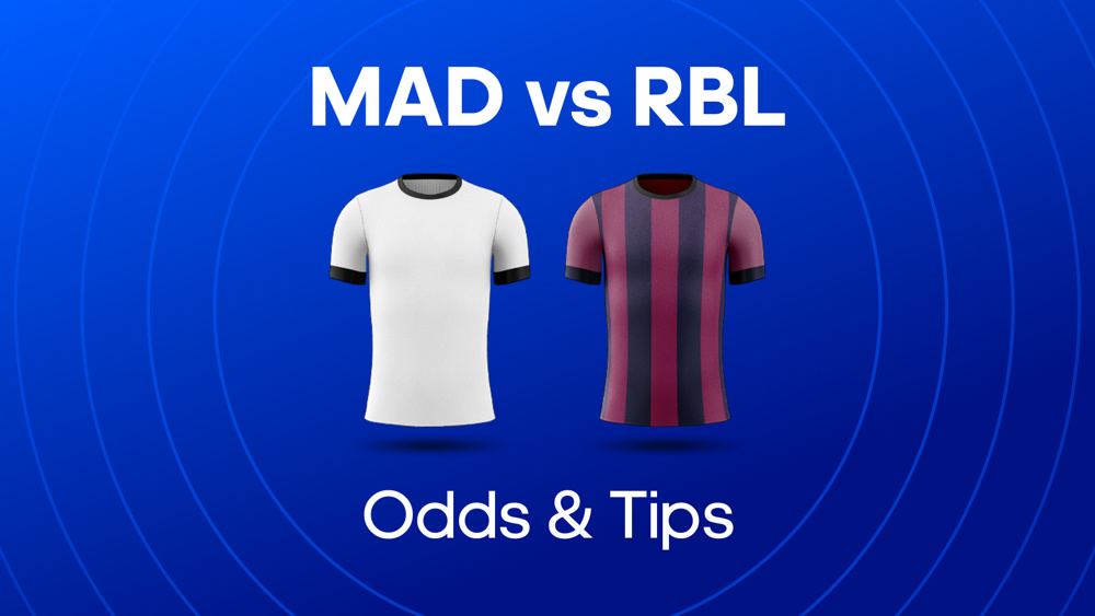 image of white football shirt and red & blue football shirt between text MAD vs RPL
