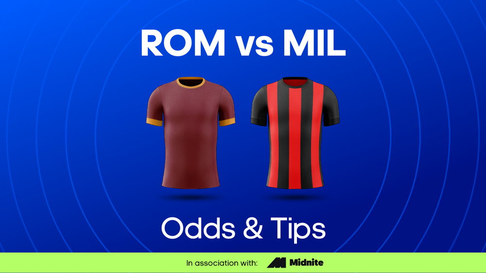 image of yellow and red roma shirt and black and red ac milan shirt between text ROM vs MIL Odds & Tips