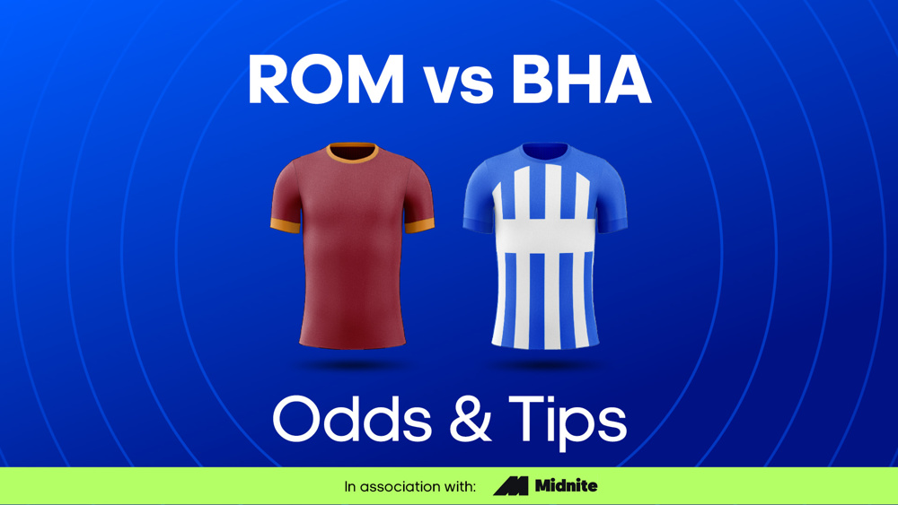 image of carmine red football shirt and blue & white football shirt next to text ROM vs BHA Odds & Tips
