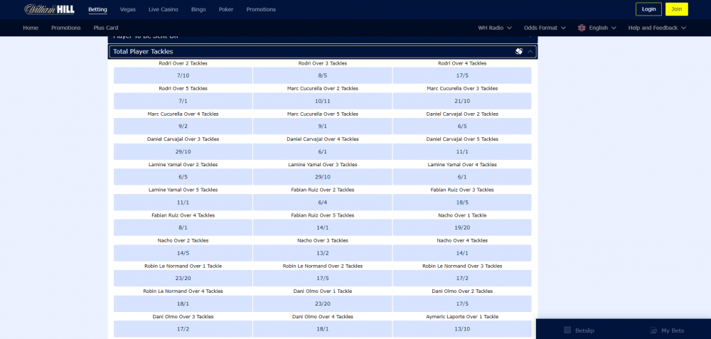screenshot of william hill's player tackles market
