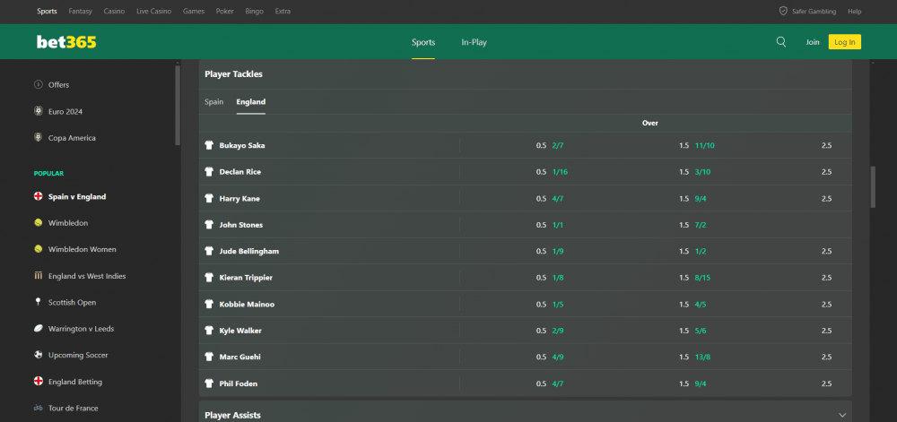 screenshot of bet365's player tackles market