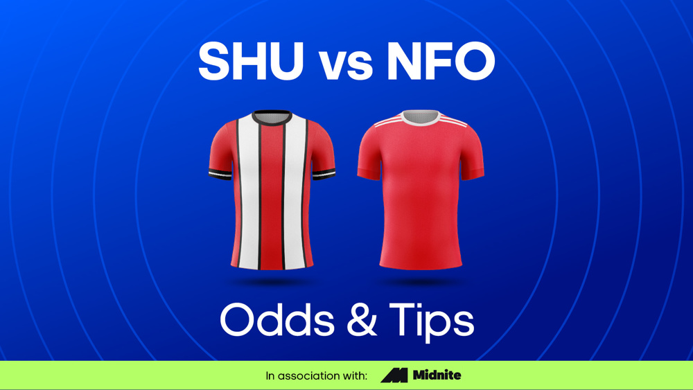 Image of red & white sheffield united shirt and red Nottingham forest shirt with text saying SHU vs NFO