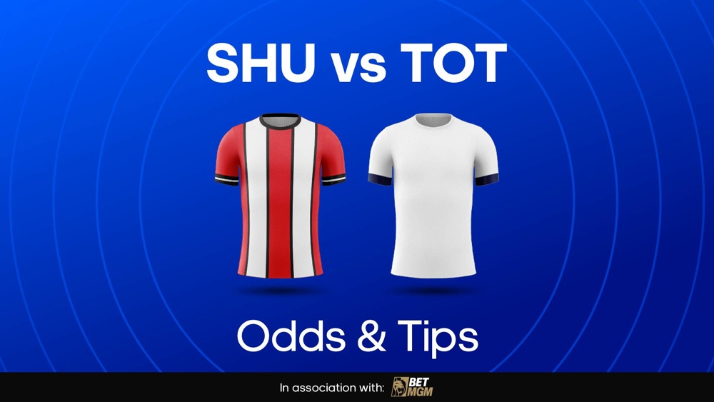 Images of Sheffield United and Tottenham football kits with test reading 'SHU vs TOT odds & tips'