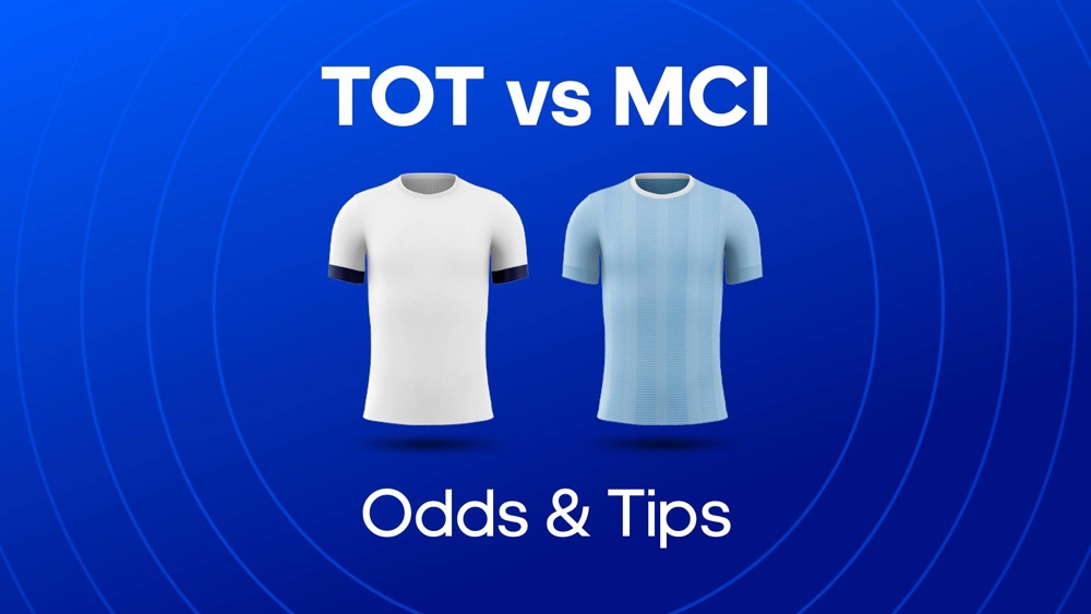 Image of Tottenham and Man City shirts with text saying 'TOT vs MCI Odds & Tips' 