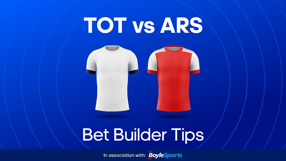 Image of Spurs and Arsenal football shirts with text saying 'TOT vs ARS Bet Builder Tips'