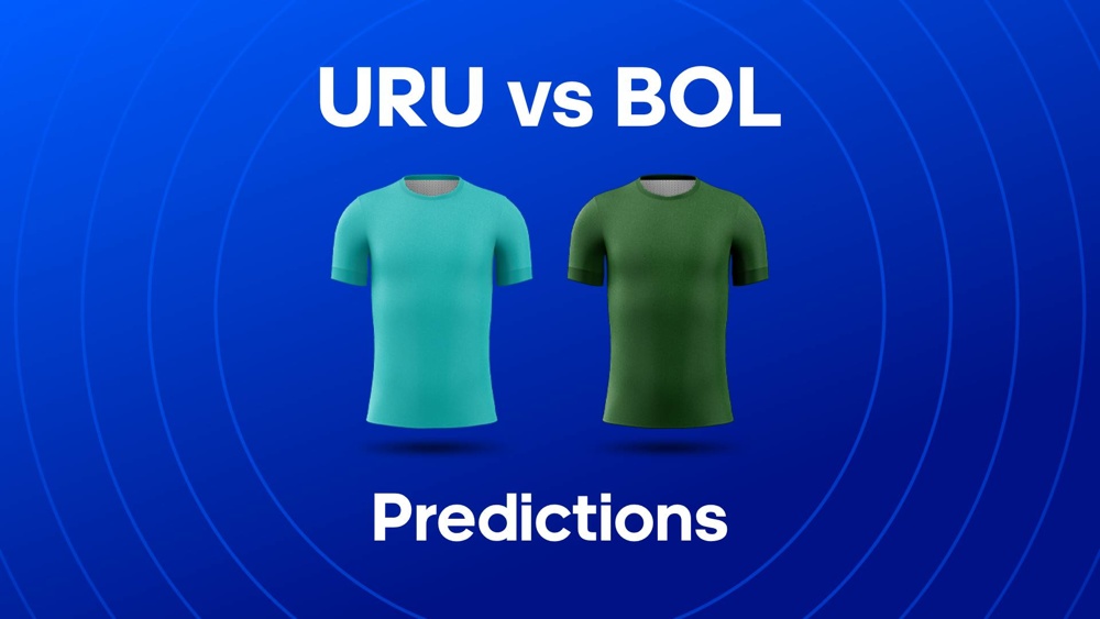 Image of Uruguay and Bolivia football shirts with text saying 'URU vs BOL Preditions'