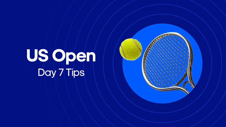 image of tennis ball and racket next to us open day 7 tips text