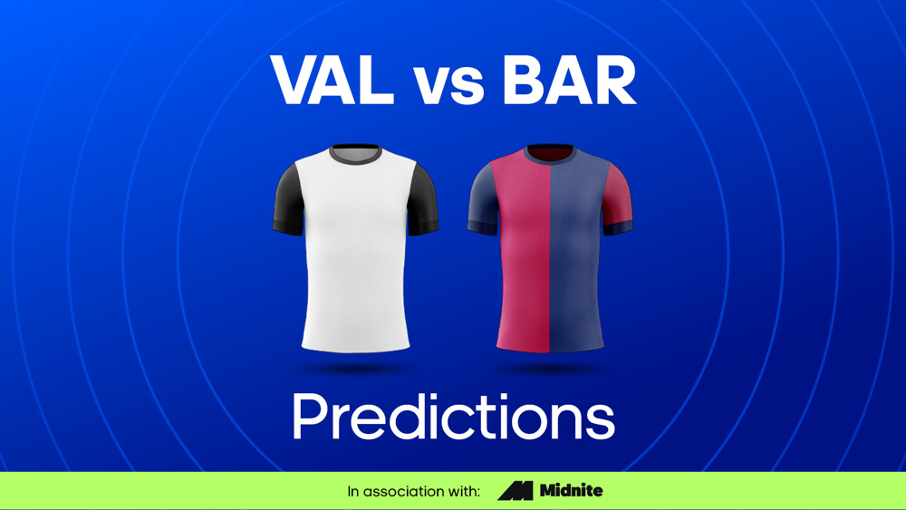 image of white valencia shirt and red and blue Barcelona shirt between text VAL vs BAR Predictions