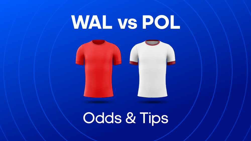 image of red wales shirt and white football shirt between text WAL vs POL Odds & Tips