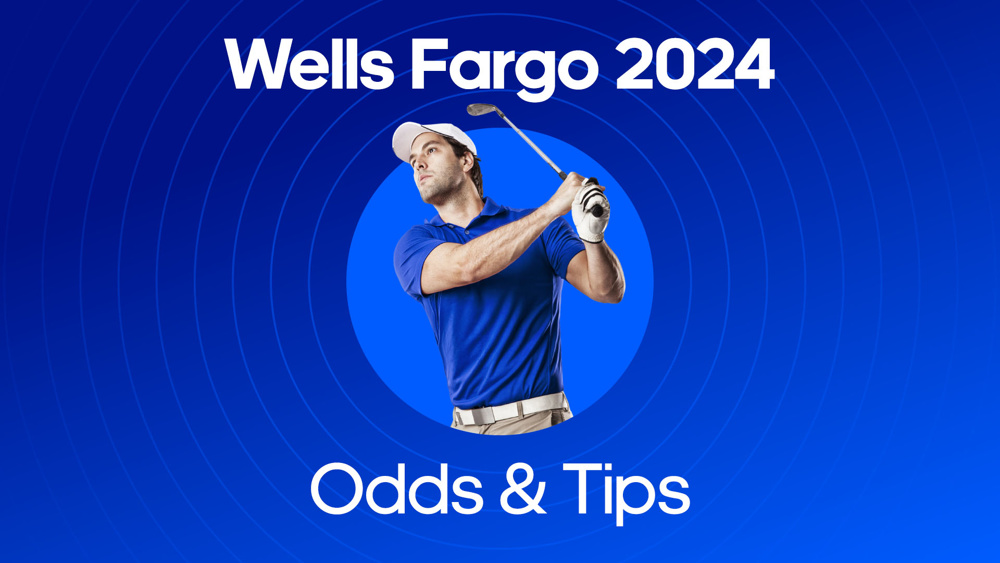 golfer swinging a club between wells fargo 2024 odds & tips text