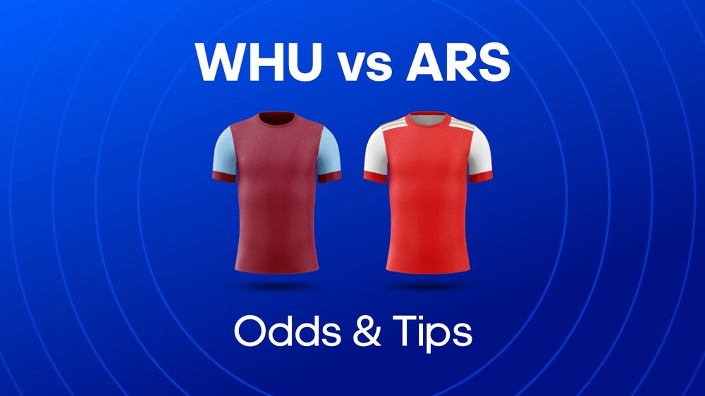 Image of west ham and arsenal football shirts with text saying 'WHU vs ARS Odds & Tips'