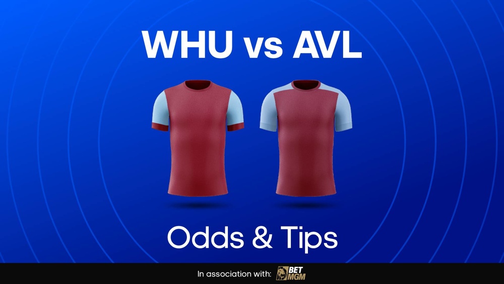 Image of aston villa and west ham football shirts with text saying 'AVL vs WHU Odds & tips'