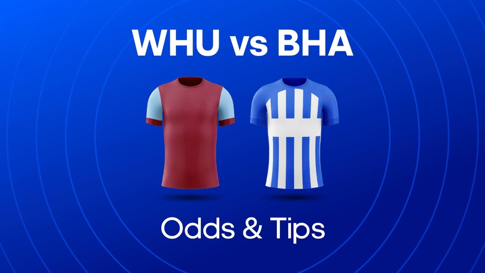 Image of West Ham and Brighton football shirts with text saying ''WHU vs BRI Odds & Tips'