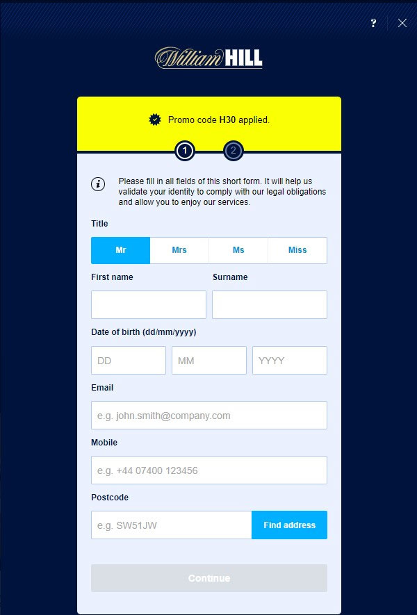 William Hill Sign Up Step 1/2