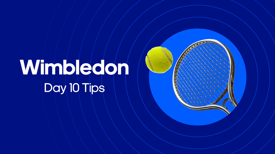 image of male tennis racket next to Wimbledon day 10 betting tips text
