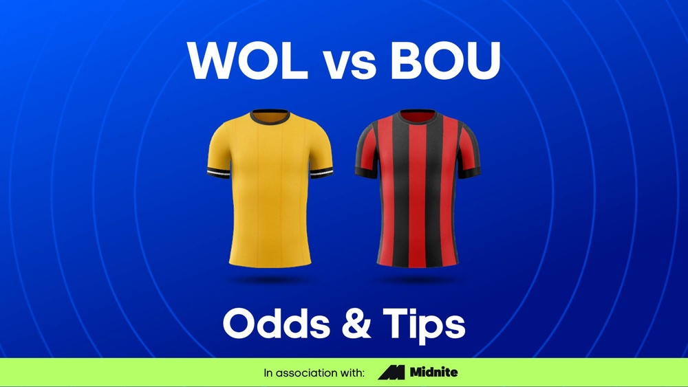 Image of Wolves and Bournemouth football shirts with text saying 'WOL vs BOU Odds & Tips'