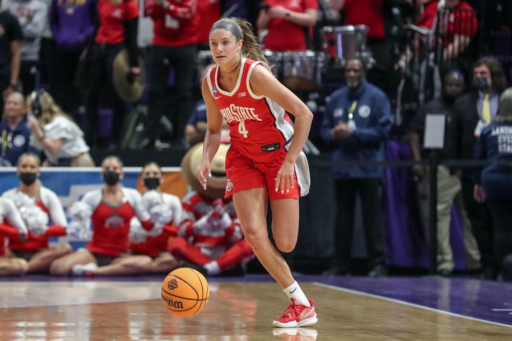 March 21, 2022: Ohio St. Jacy Sheldon (4) dribbles the ball up the court during the 2nd round action of the NCAA Women's March Madness Tournament between the Ohio St. Buckeyes and the LSU Tigers at the Pete Maravich Assembly Center in Baton Rouge, LA. Jonathan Mailhes/CSM - Image ID: 2J12BBP