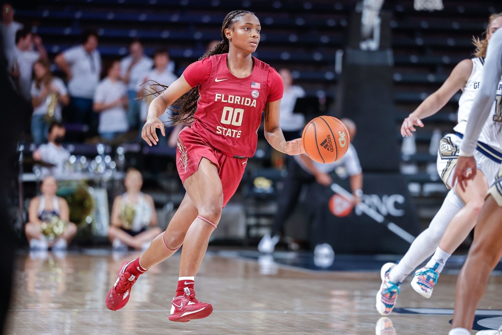 Atlanta, Georgia. 1st Jan, 2023. Florida State's Ta'niya Latson (00) controls the ball during the NCAA women's basketball game featuring the Florida State Seminoles and the Georgia Tech Yellow Jackets, played at McCamish Pavilion on the campus of Georgia Tech in Atlanta, Georgia. Cecil Copeland/CSM/Alamy Live News - Image ID: 2M62JDB