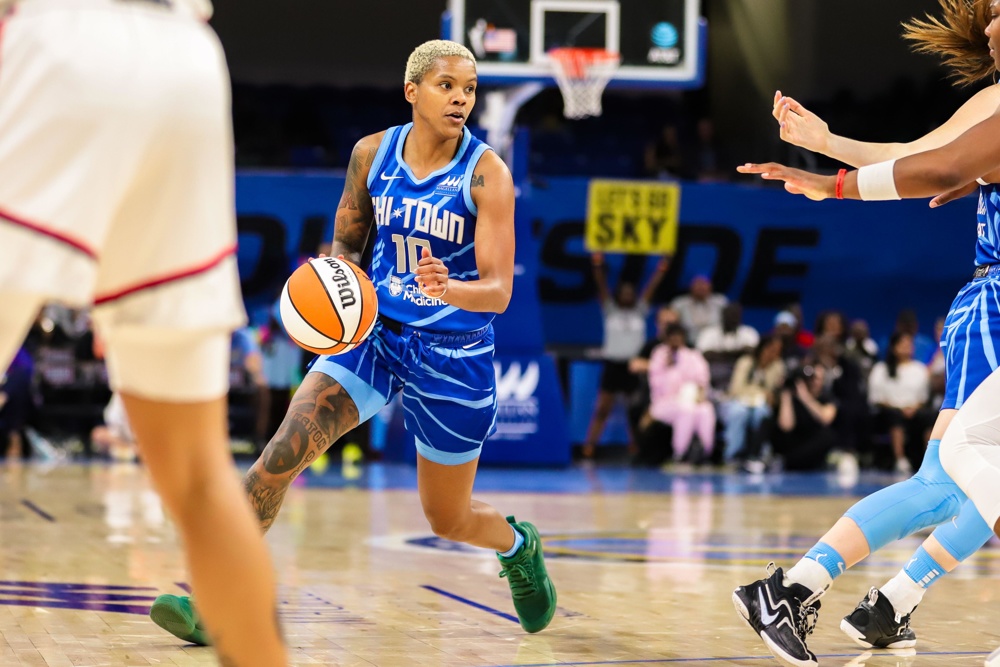 Courtney Williams of the Chicago Sky dribbles around the 3-point line in Chicago, IL at Wintrust Arena. - Image ID: 2RMN4AH