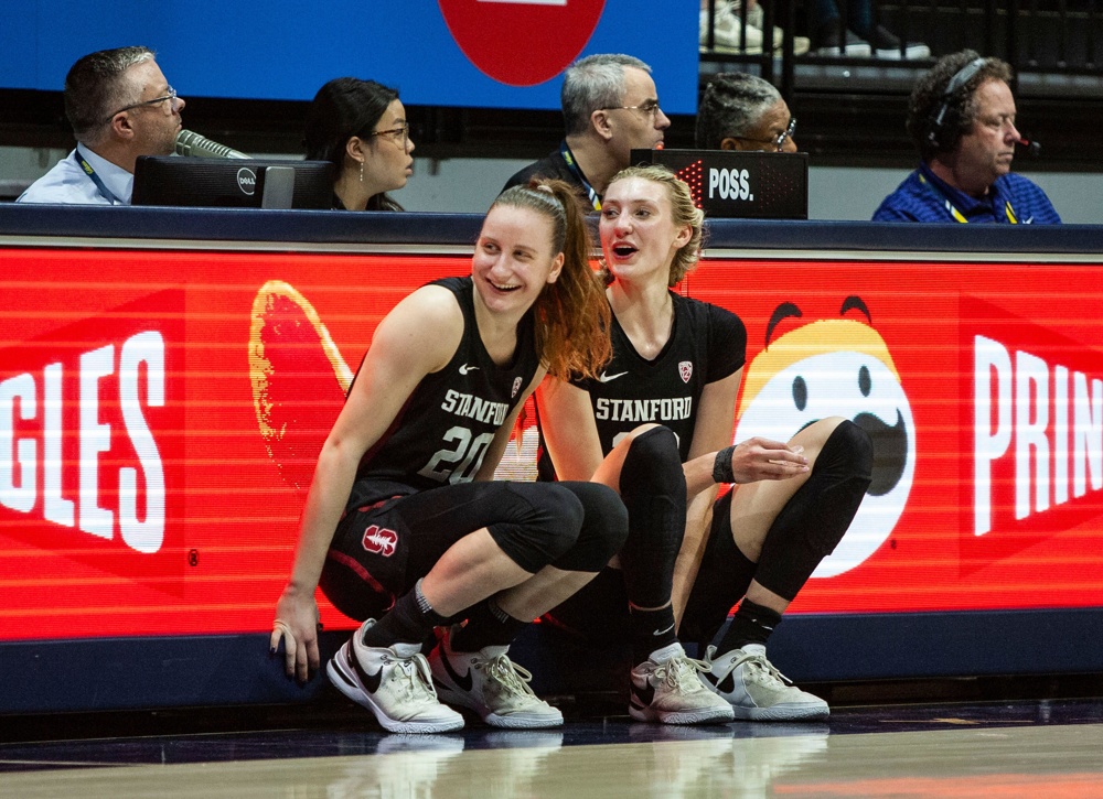 Haas Pavilion Berkeley Calif, USA. 29th Dec, 2023. CA U.S.A. Stanford forward Cameron Brink (22) and guard Elena Bosgana (20) waits for a time out during the NCAA Women's Basketball game between Stanford Cardinal and the California Golden Bears. Stanford beat California 78-51 at Haas Pavilion Berkeley Calif. Thurman James/CSM/Alamy Live News - Image ID: 2W9RJC4